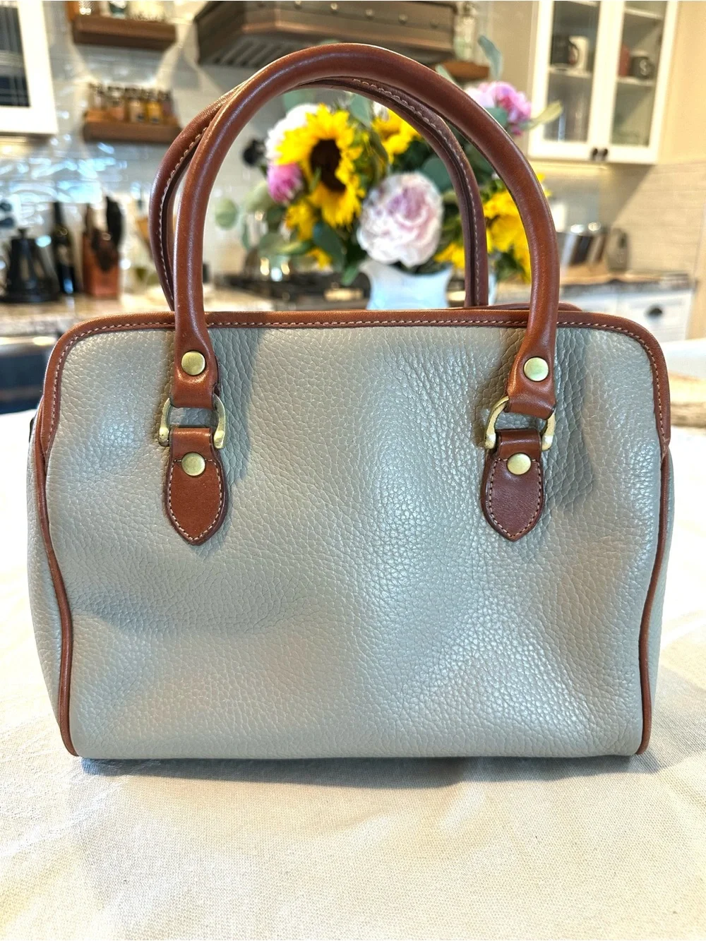 Genuine Pebbled Leather Satchel Liz Claiborne Taupe Brown Crossbody Bag - Picture 3 of 10